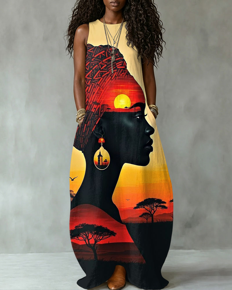 African Tribal Grassland Face Art Sleeveless Maxi Dress