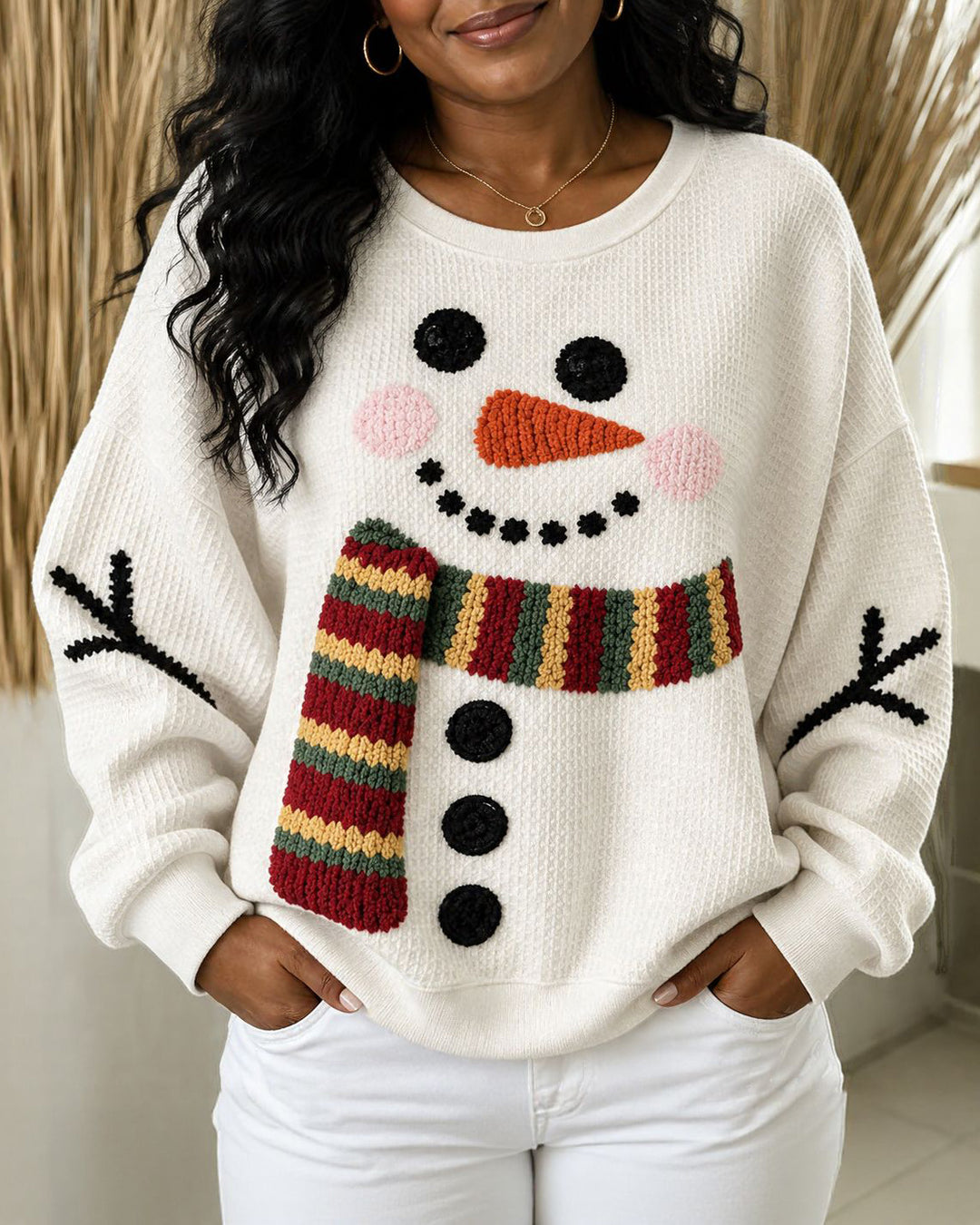 Santa Claus Waffle Weave Round Neck Sweatshirt