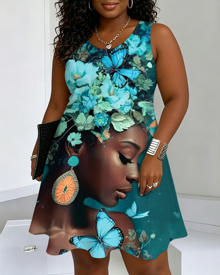 Blue Butterfly Flower Girl Round Neck Sleeveless Mini Casual Dress