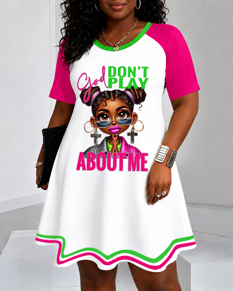 God Don't Play About Me Color Blocking Round Neck Mini Casual Dress