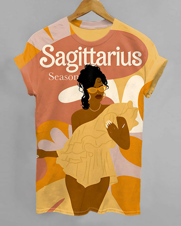 Sagittarius Cartoon Illustrations Print Crew Neck Short Sleeve Tshirt