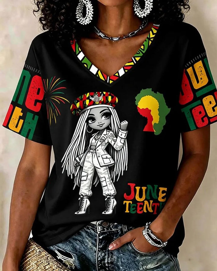 Juneteenth Cartoon Girl Graffiti Print V-neck Short Sleeve Tshirt