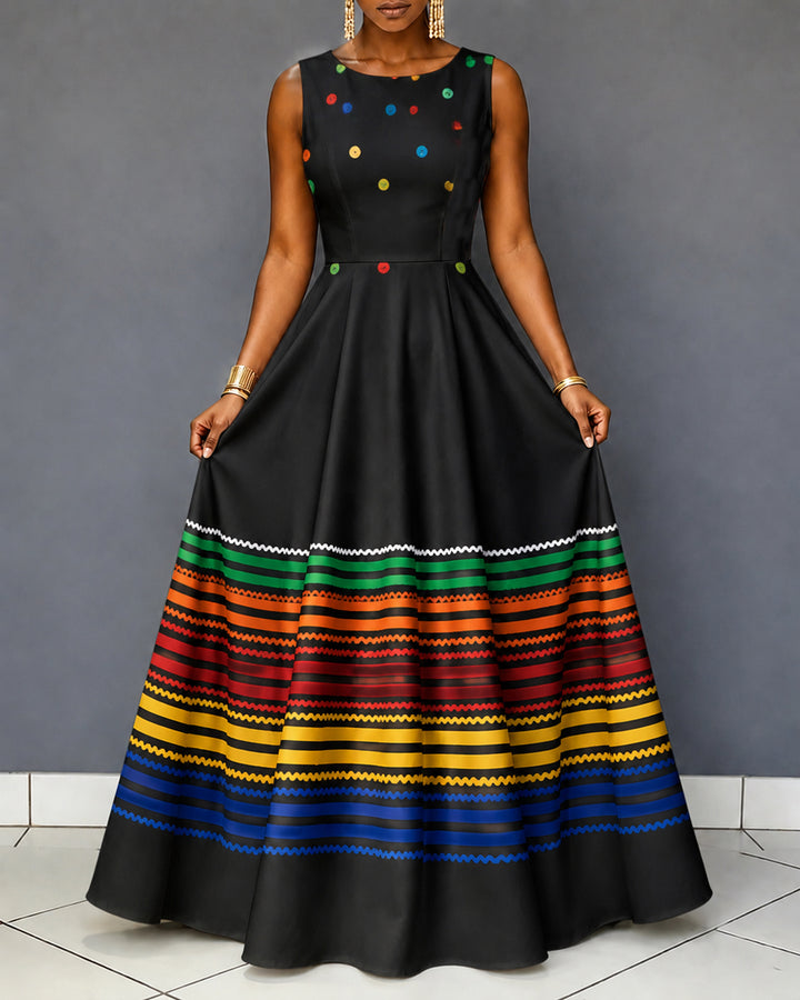 Stylish Color-Block Stripes Printed Fabric Print Sleeveless Maxi Dress