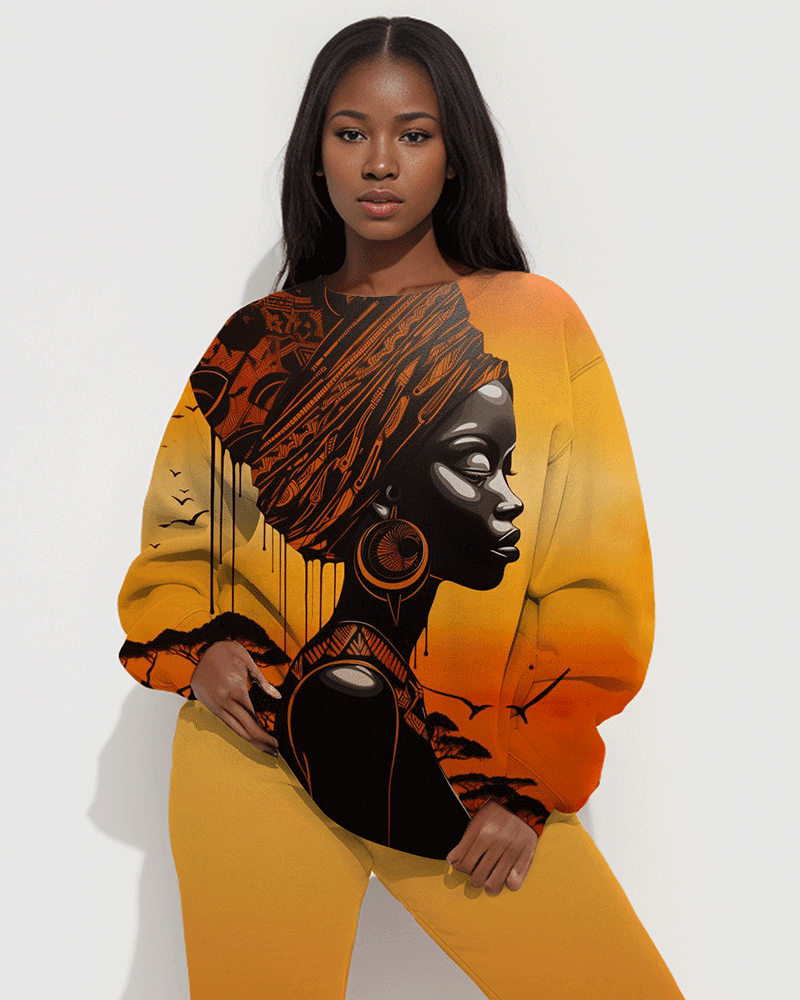 African Lady Gradient Painting Print Long Sleeve Sweatshirt Two Pieces Set