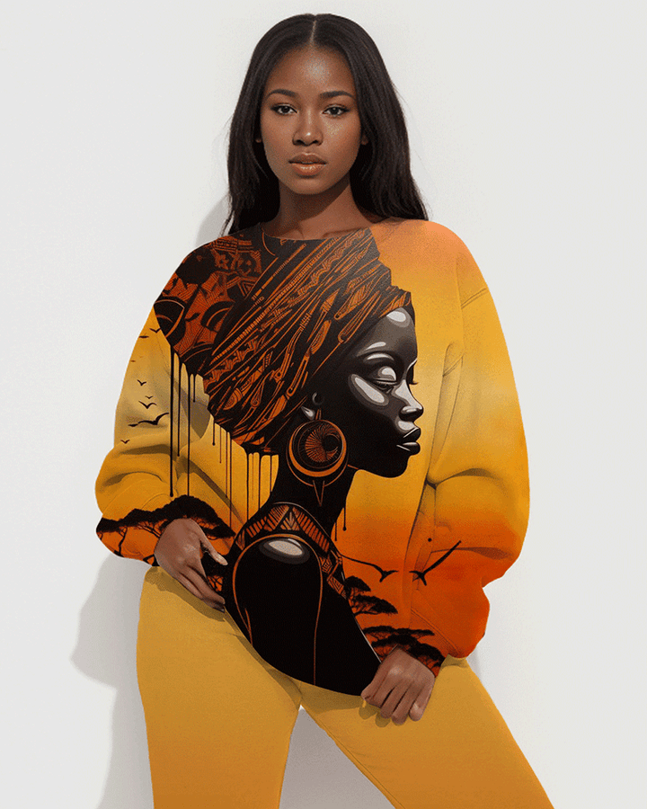 African Lady Gradient Painting Print Long Sleeve Sweatshirt Two Pieces Set