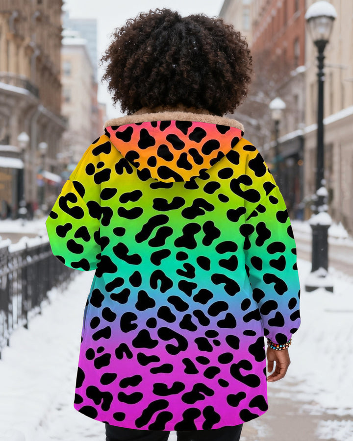 Colorful Leopard Print Long Sleeve Zip-Up Fleece Long Hoodies