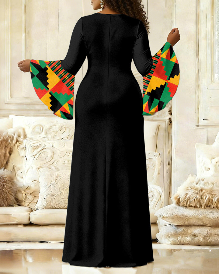 Women'S Elegant Bell-Sleeve Reggae Geometric Totem Splicing Fitted Dress