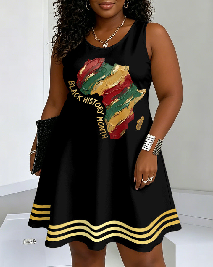 Reggae-colored African Map Round Neck Sleeveless Mini Casual Dress