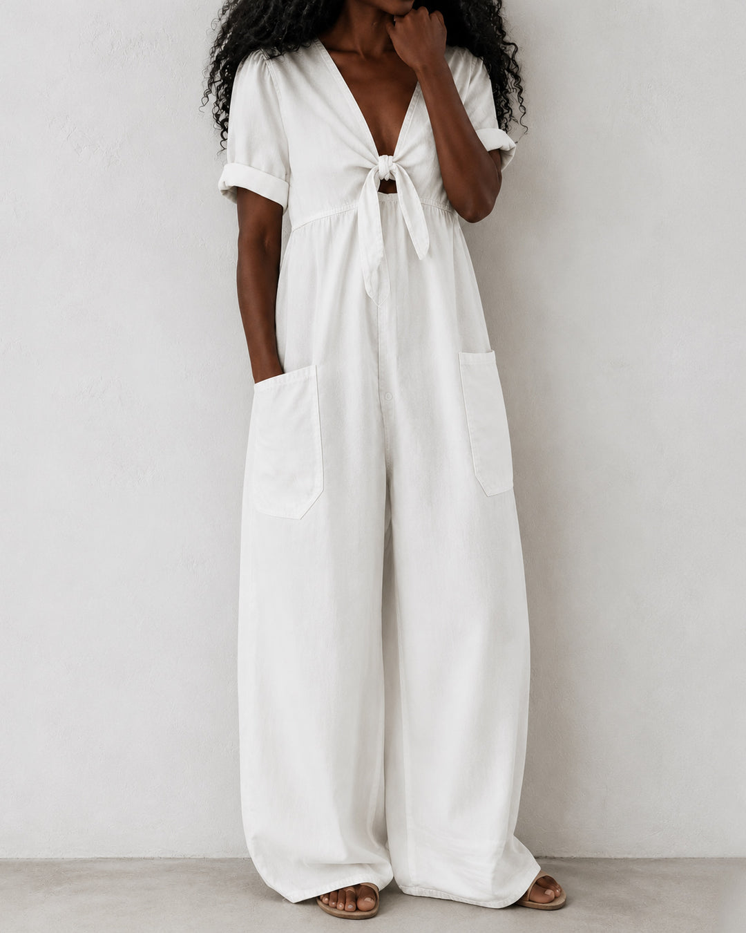 V-neck Bow-tie Denim Loose Wide-leg Jumpsuit