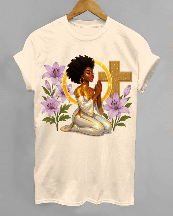 Faith Praying Woman Crew Neck Short Sleeve Cotton T-Shirt