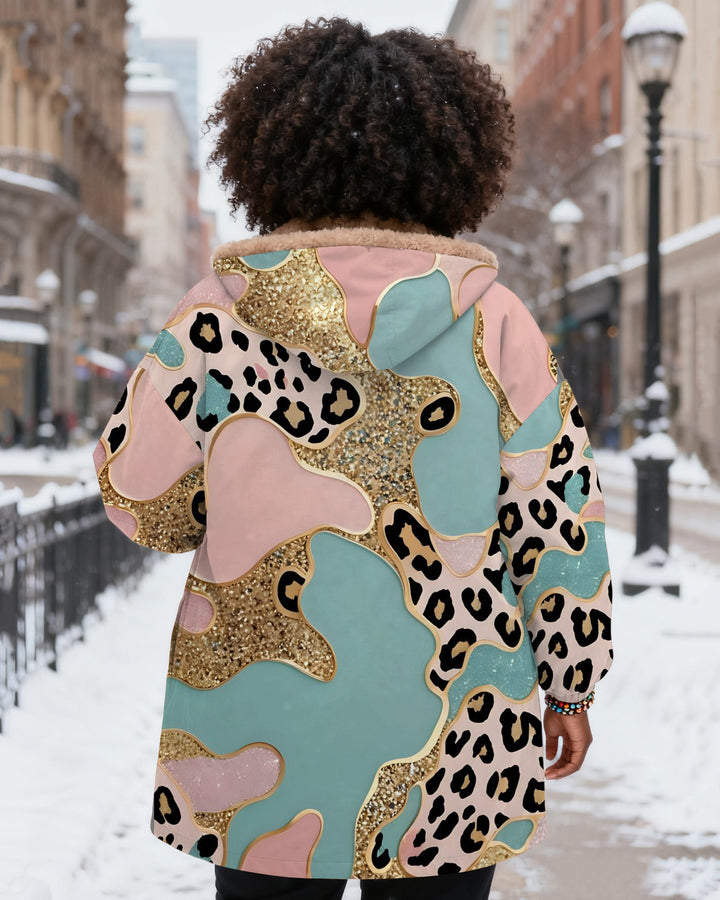 Leopard Wave Contrast Long Sleeve Zip-Up Fleece Long Hoodies