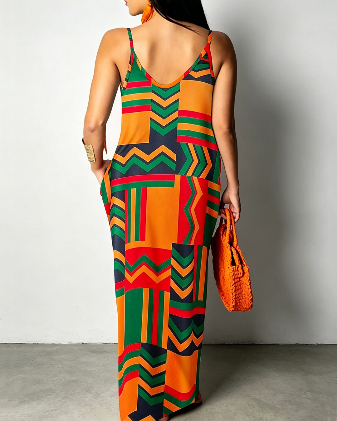 Sling Black Geometric Patterns Print Pocket Maxi Dress