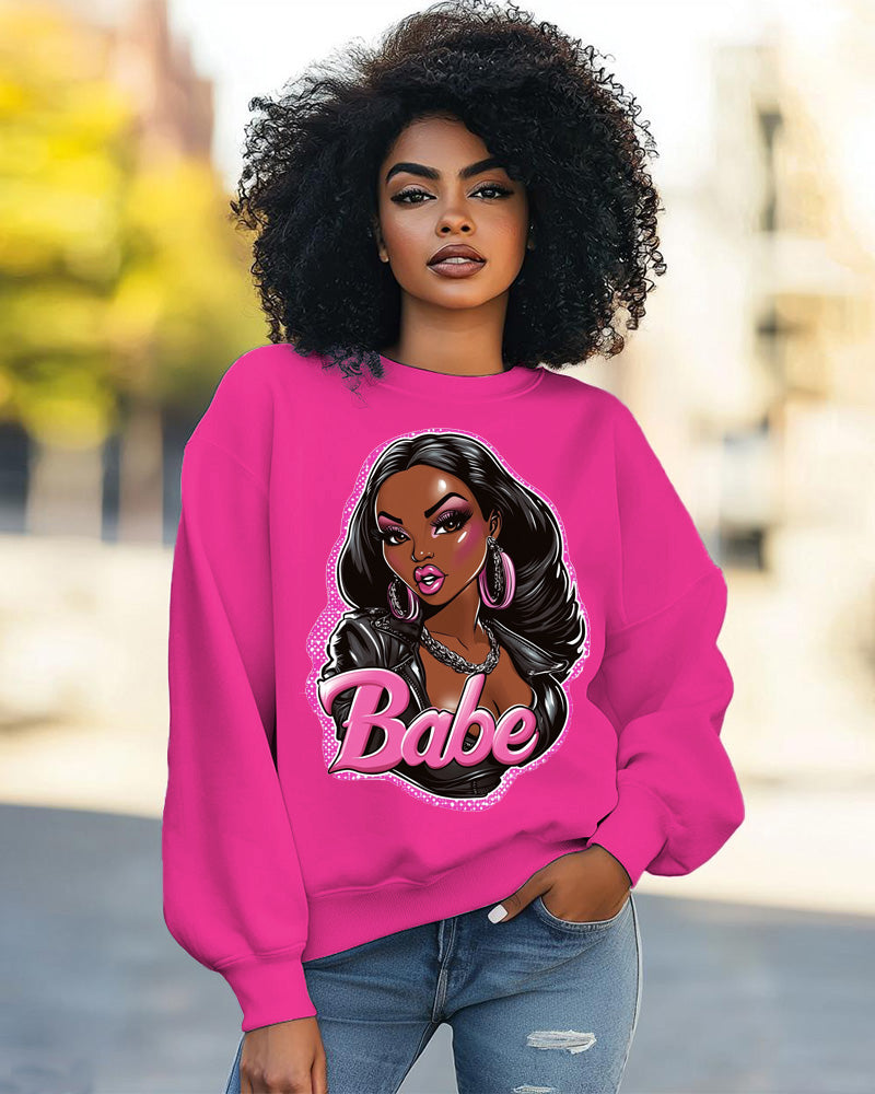 Fashion Doll Print Round Neck Long Sleeve Casual Sweatshirt