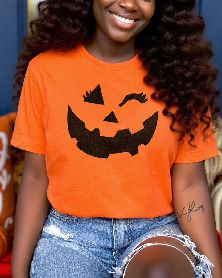 Halloween Cute Halloween Winking Pumpkin 100% Cotton Crew Neck Short Sleeve Tshirt