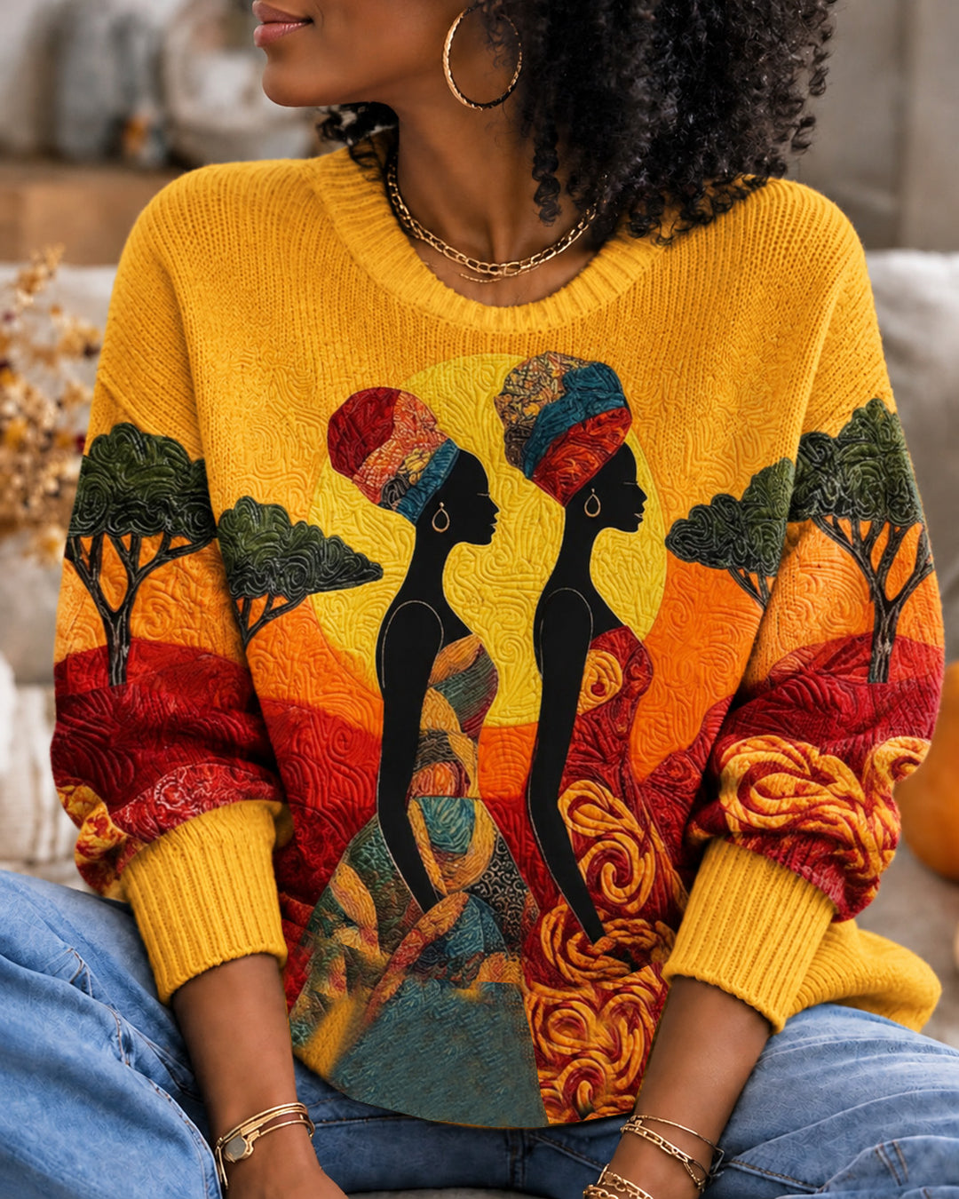 Tribal Totem Print Round Neck Knitted Sweater