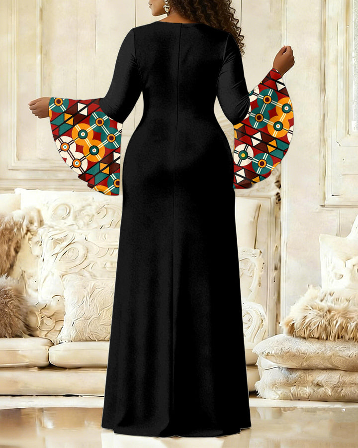 Women'S Elegant Bell-Sleeve Color-Block Ethnic Print Fitted Dress