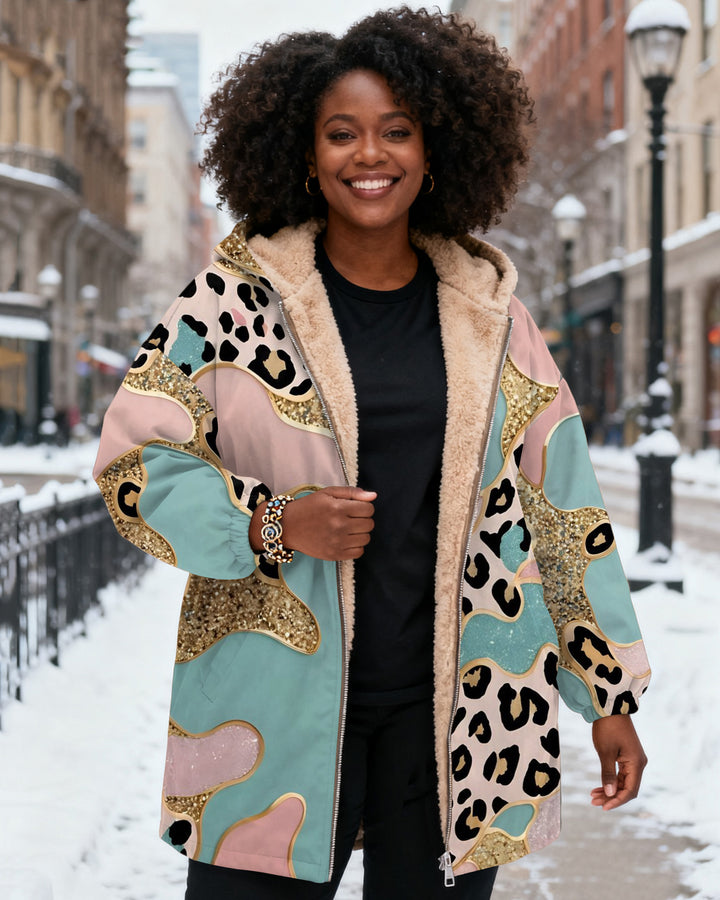 Leopard Wave Contrast Long Sleeve Zip-Up Fleece Long Hoodies