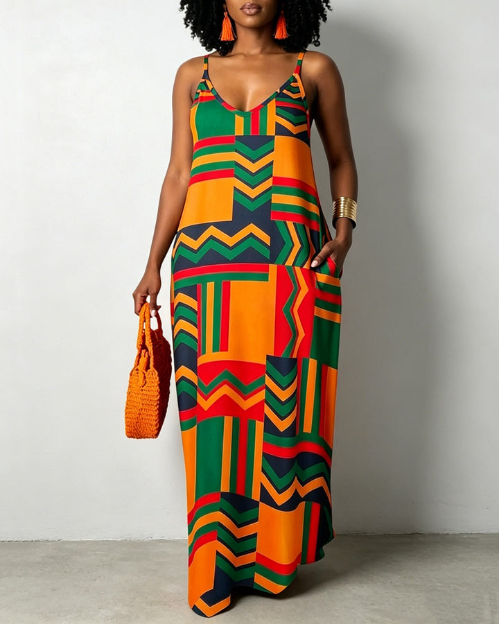 Sling Black Geometric Patterns Print Pocket Maxi Dress