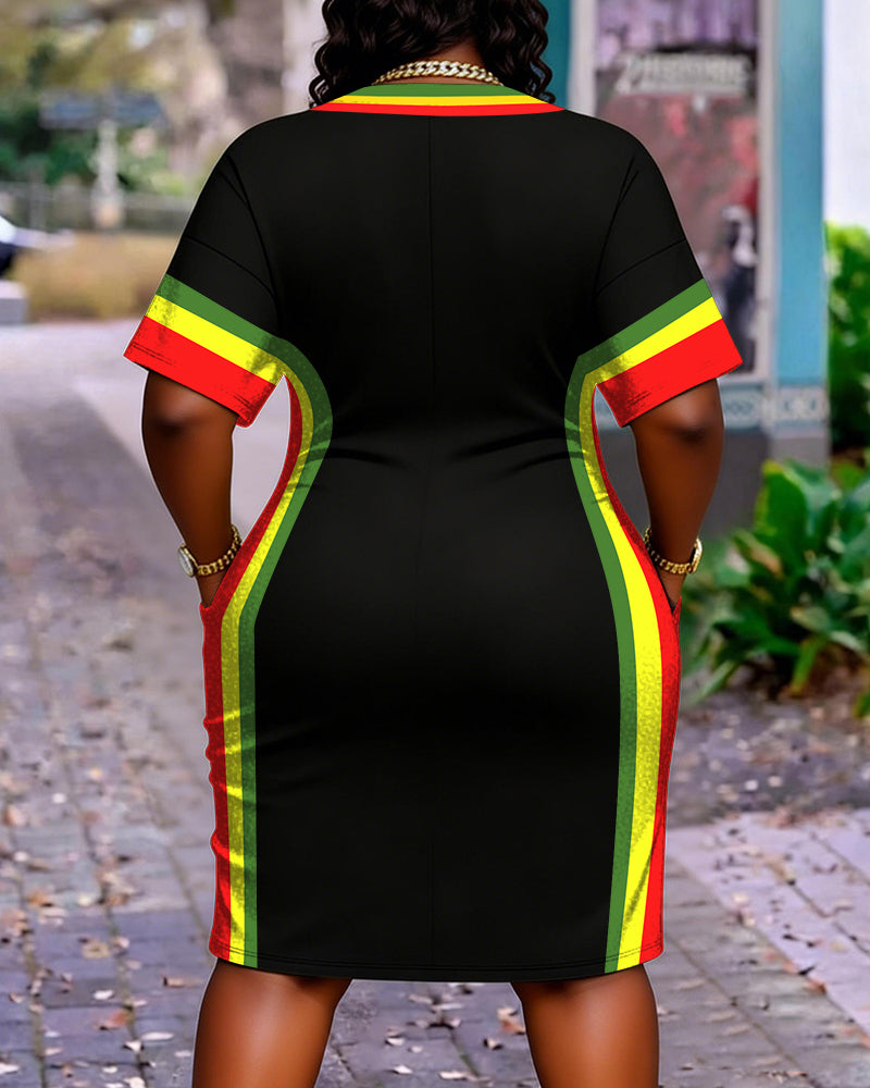 V Neck Black Patchwork Short Sleeve With Pockets Midi Dresses