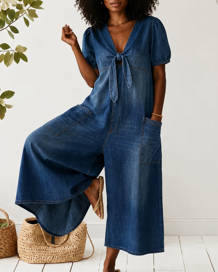 V-neck Bow-tie Denim Loose Wide-leg Jumpsuit