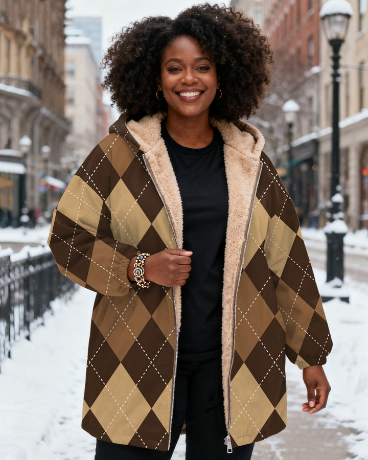 Classic Rhombus Geometry Long Sleeve Zip-Up Fleece Long Hoodies