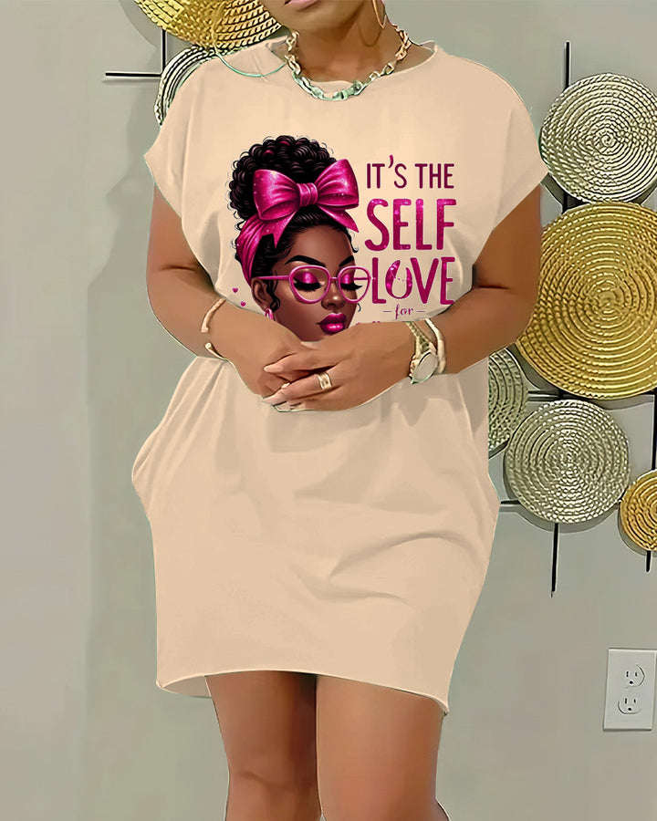 Crewneck Raglan-Sleeve Pocket Dress with Cartoon and Letter Prints