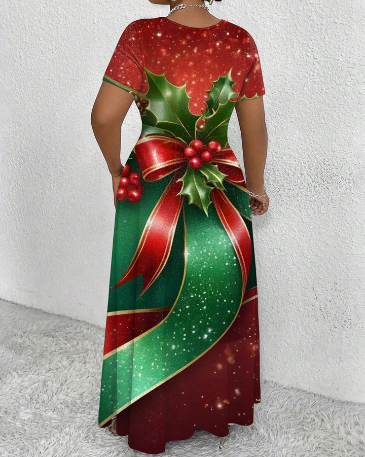 Round Neck Christmas Bow Red Berries Short Sleeve Maxi Dress
