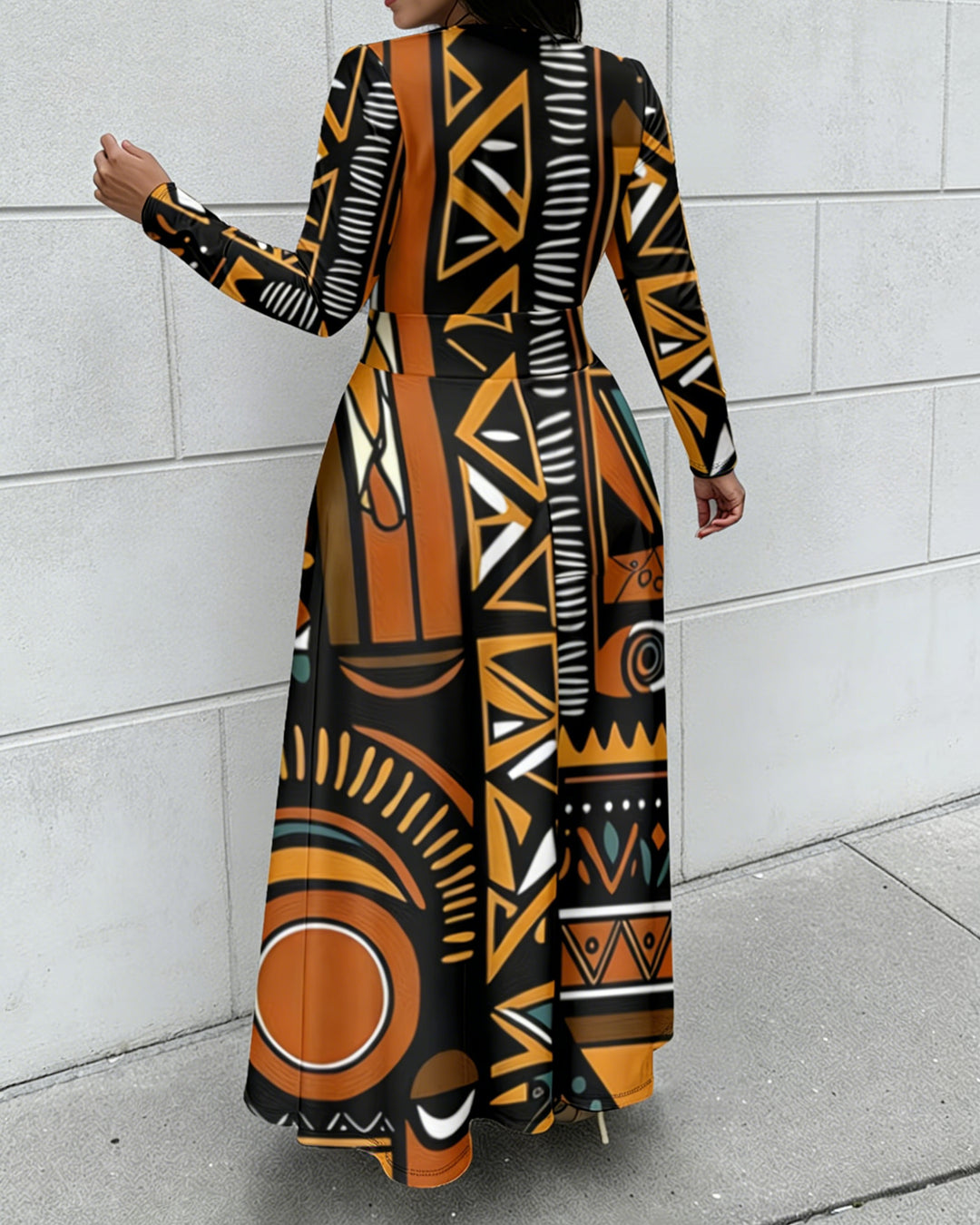African Geometric Patterns Print Crewneck Long Sleeve Pocket Dress