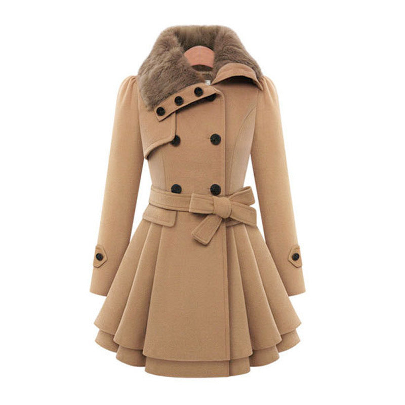 Women's Slim-fit Long Woolen Coat Double-breasted Woolen Trenchcoat