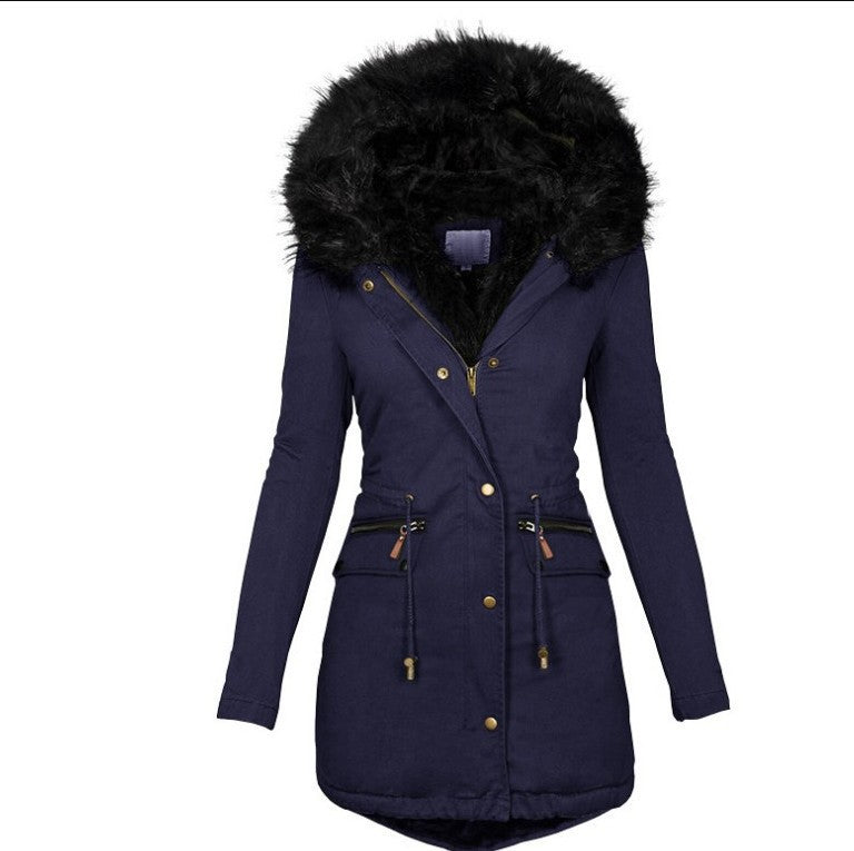 Autumn And Winter Solid Color Fur Collar Hooded Long Thick Warm Cotton-padded Coat