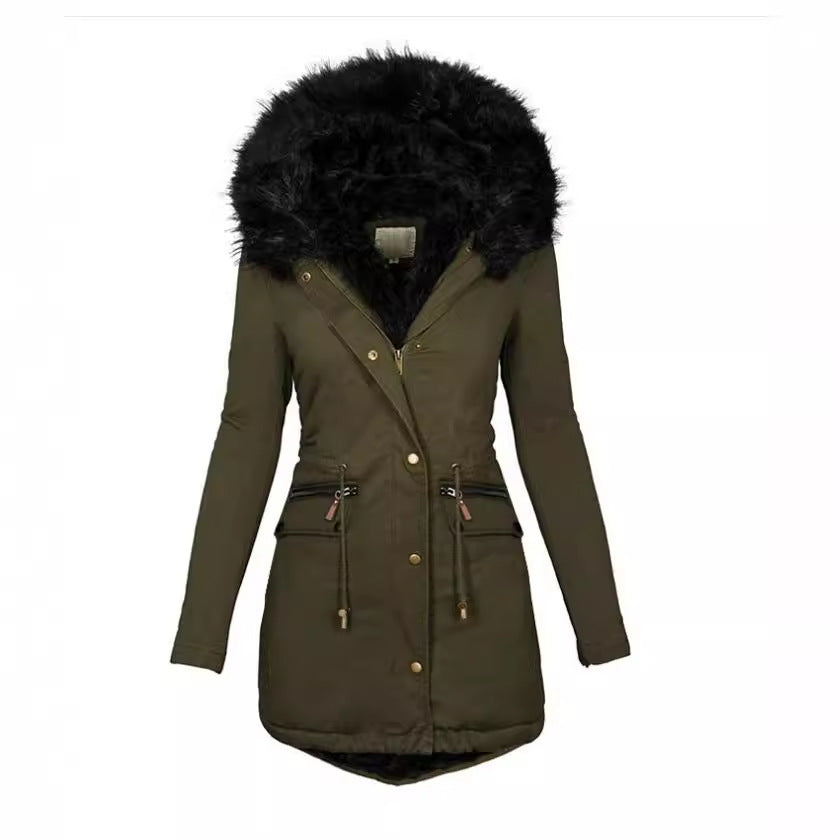 Autumn And Winter Solid Color Fur Collar Hooded Long Thick Warm Cotton-padded Coat