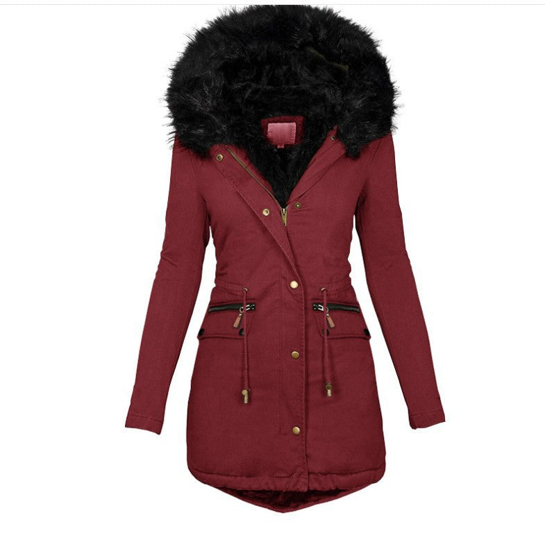 Autumn And Winter Solid Color Fur Collar Hooded Long Thick Warm Cotton-padded Coat