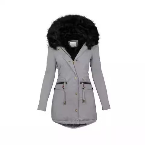 Autumn And Winter Solid Color Fur Collar Hooded Long Thick Warm Cotton-padded Coat