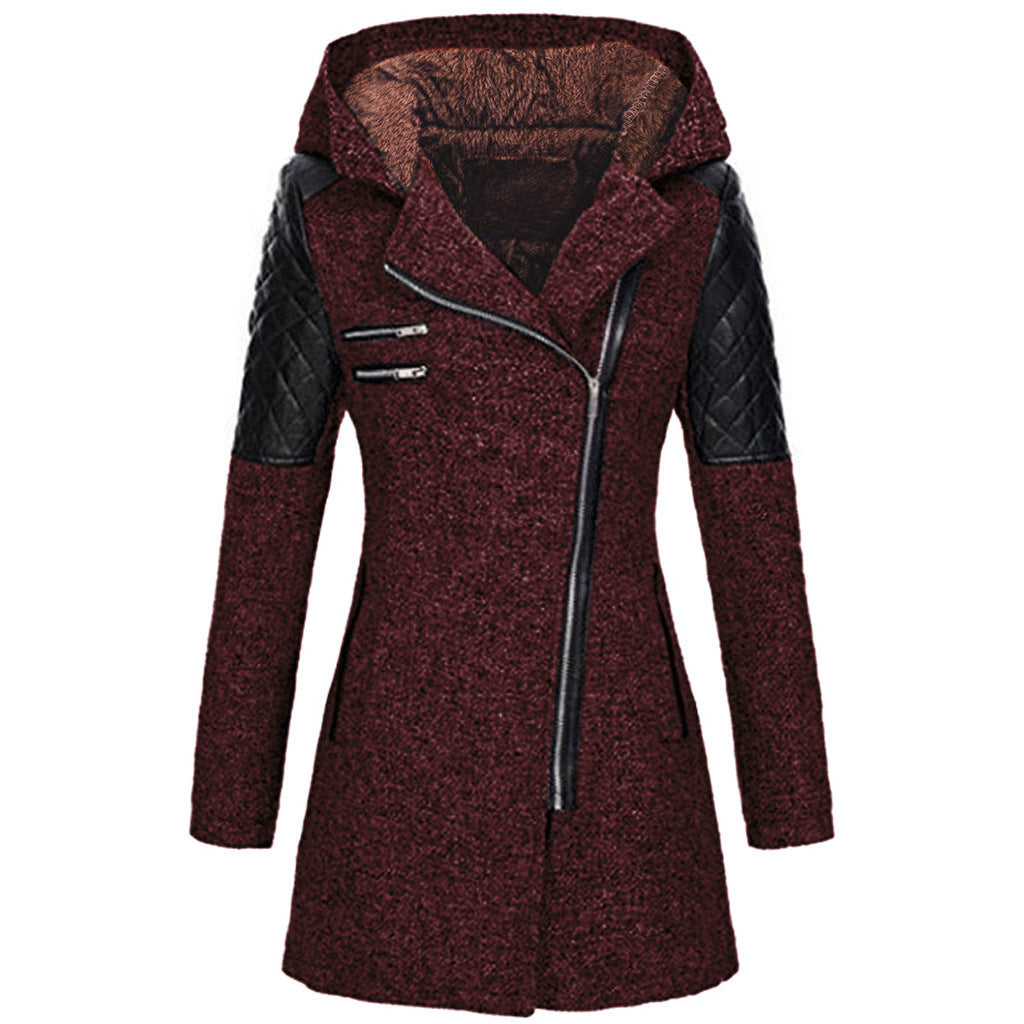 Amazon Women's Autumn And Winter Mid-length Hooded Loose Slant Zipper Wool Coat Coat Composite Plush Cotton-padded Jacket