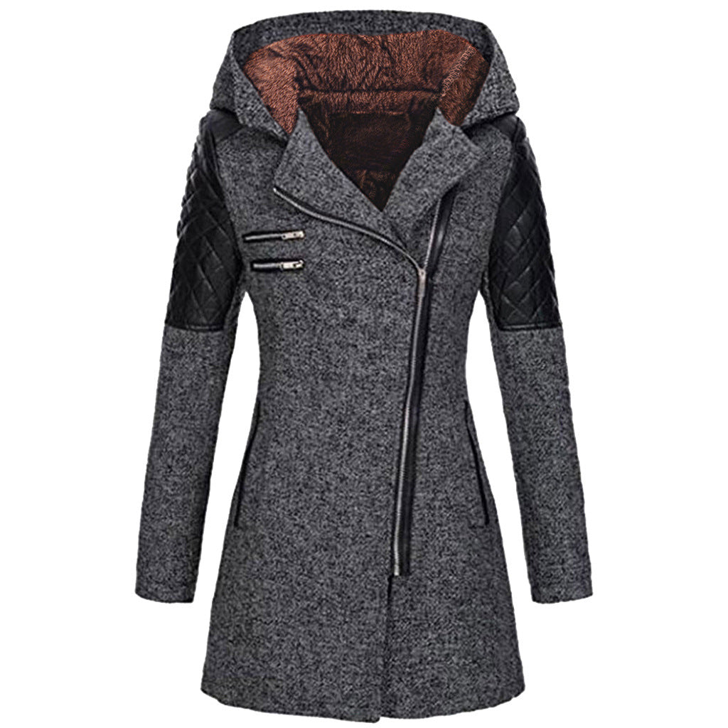 Amazon Women's Autumn And Winter Mid-length Hooded Loose Slant Zipper Wool Coat Coat Composite Plush Cotton-padded Jacket