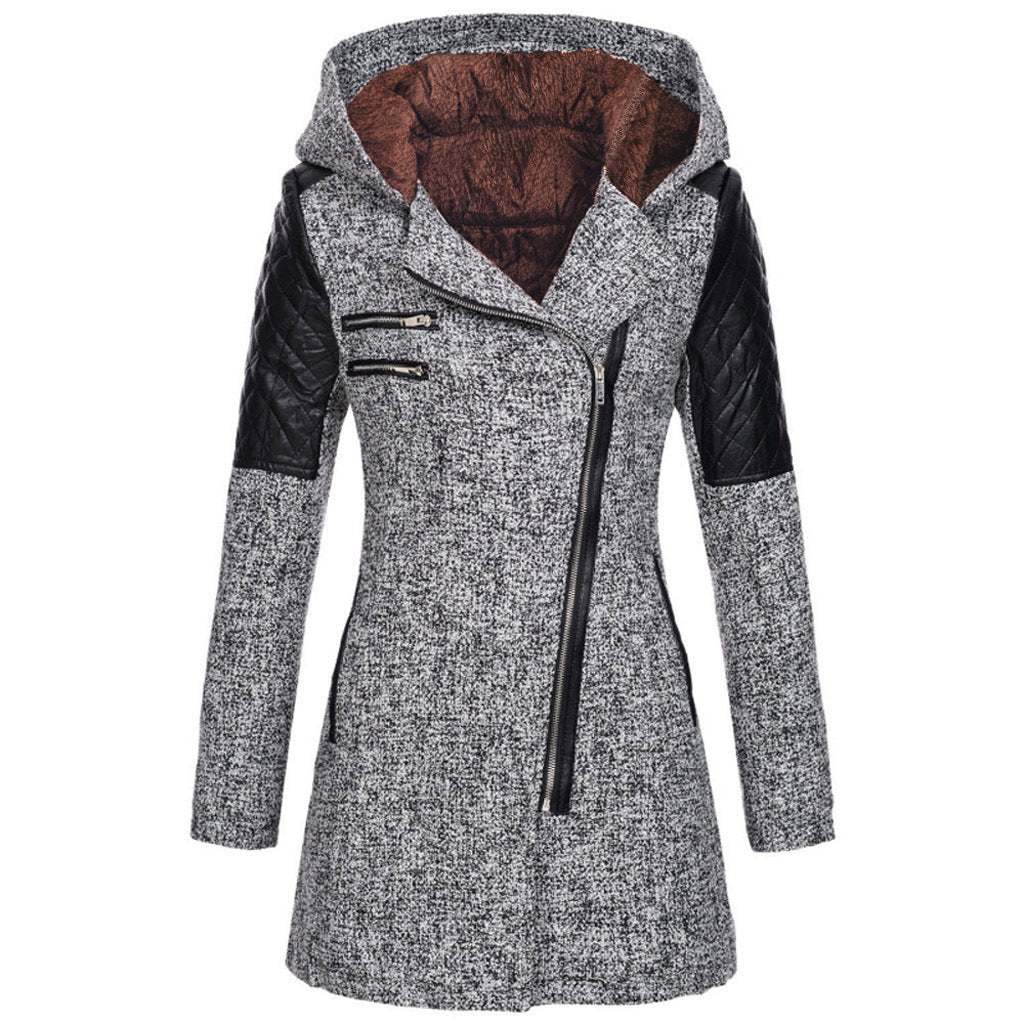 Amazon Women's Autumn And Winter Mid-length Hooded Loose Slant Zipper Wool Coat Coat Composite Plush Cotton-padded Jacket