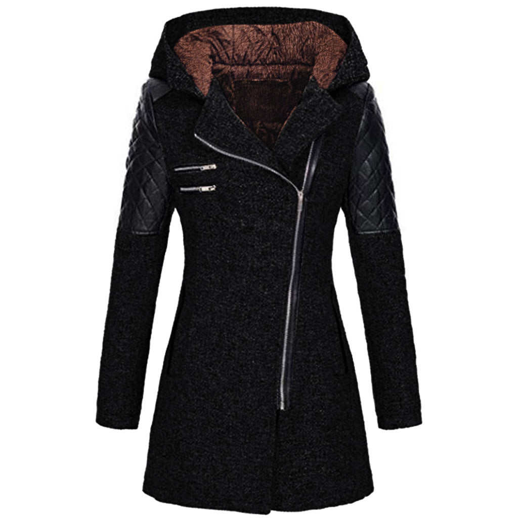 Amazon Women's Autumn And Winter Mid-length Hooded Loose Slant Zipper Wool Coat Coat Composite Plush Cotton-padded Jacket