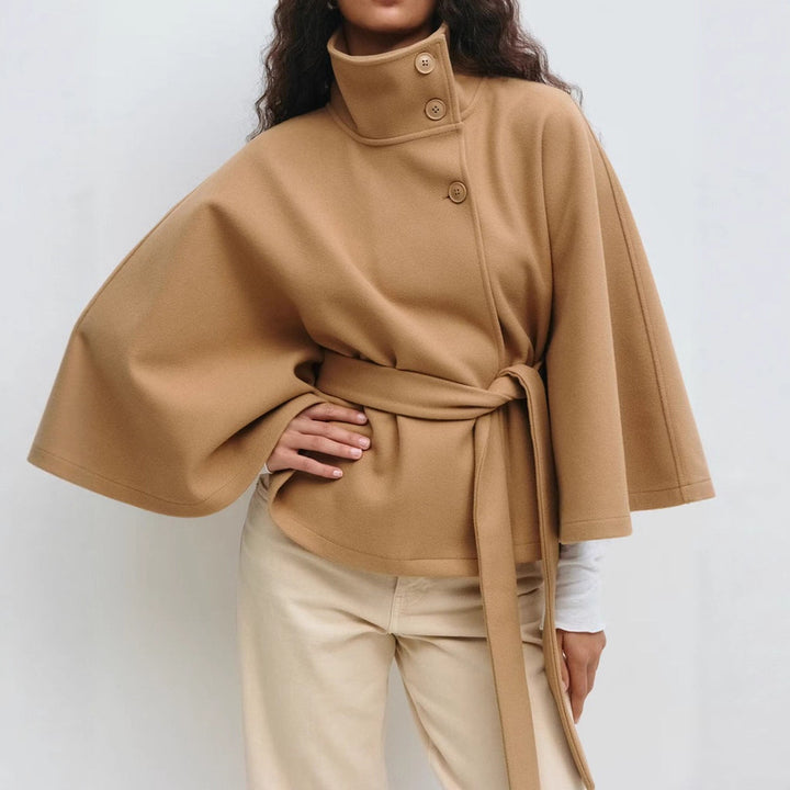 Fashion Solid Color Poncho Collar Button Belt Coat