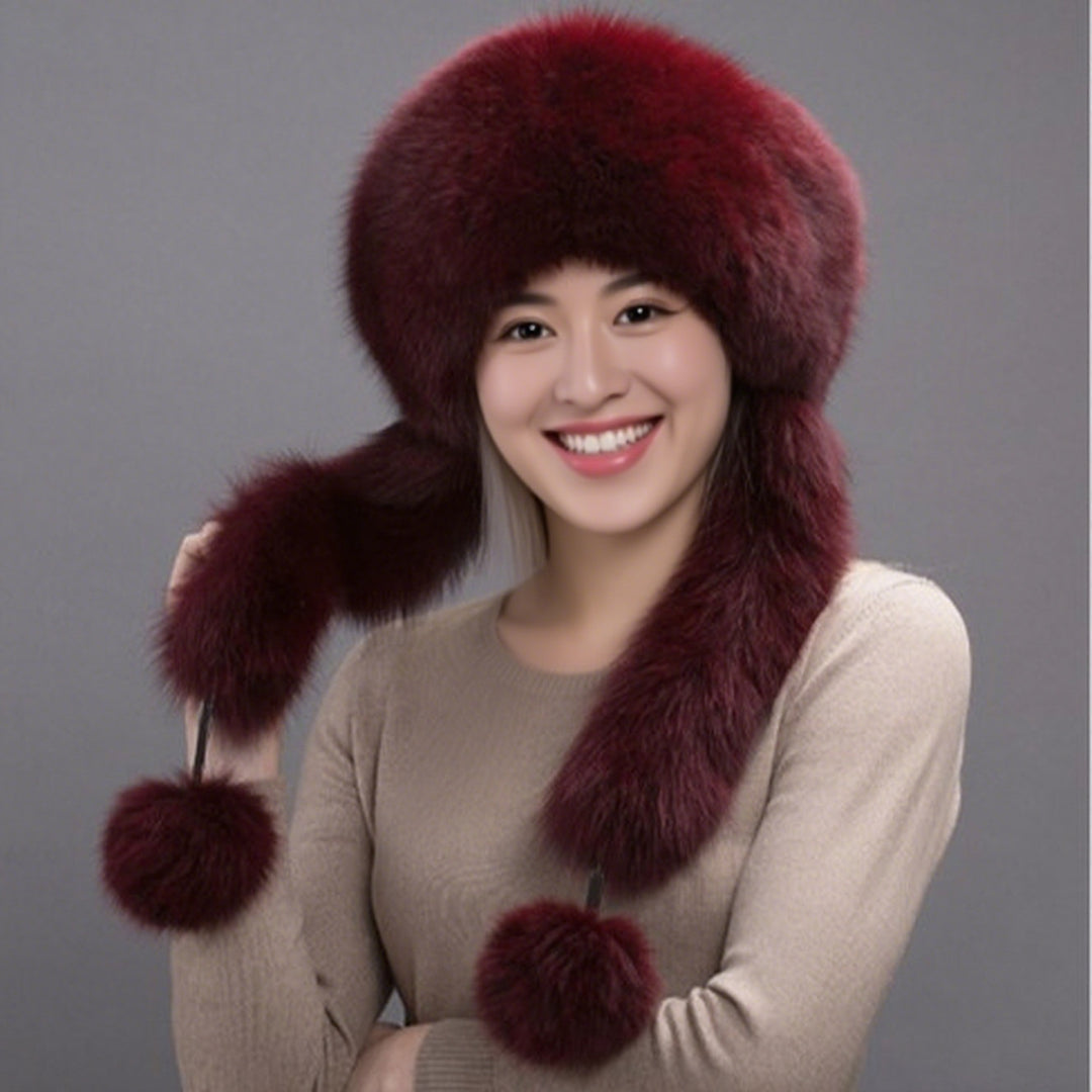 Women's Dome-Shaped Fox Fur Wide Brim Pom-Pom Hat