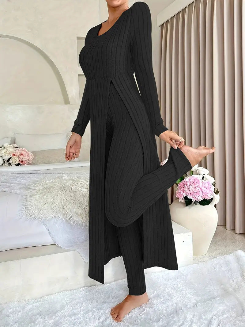Crew Neck Split Long Sleeve Ribbed High Elastic Two-piece Set