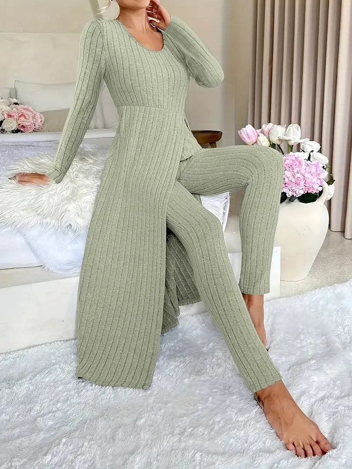 Crew Neck Split Long Sleeve Ribbed High Elastic Two-piece Set