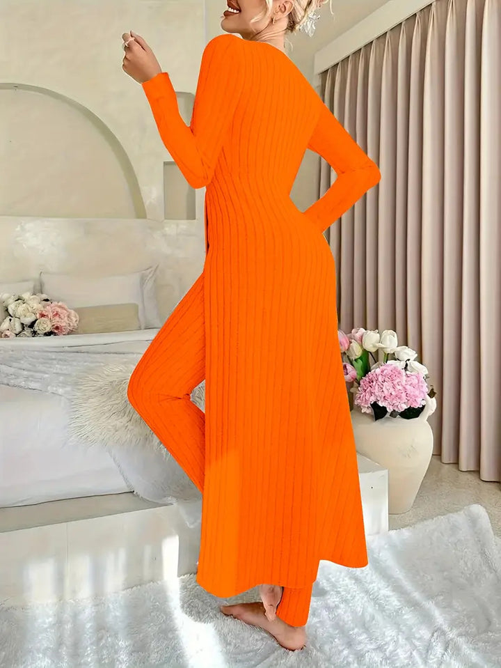 Crew Neck Split Long Sleeve Ribbed High Elastic Two-piece Set