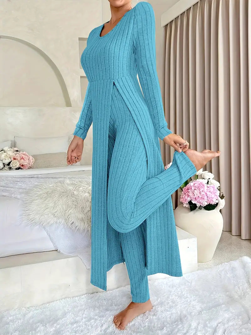 Crew Neck Split Long Sleeve Ribbed High Elastic Two-piece Set