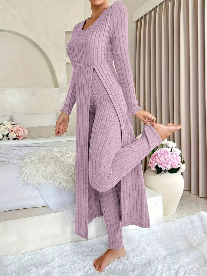Crew Neck Split Long Sleeve Ribbed High Elastic Two-piece Set