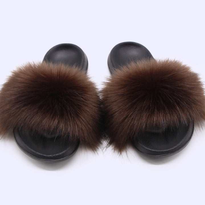 Fox Fur Soft Black Sole Slippers