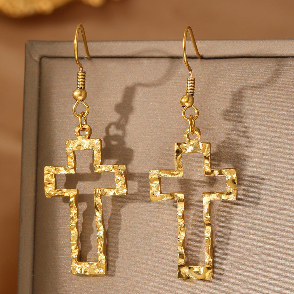 Cross Hollow Pendant Earrings Personality Exaggerated Large Ring Golden Earrings