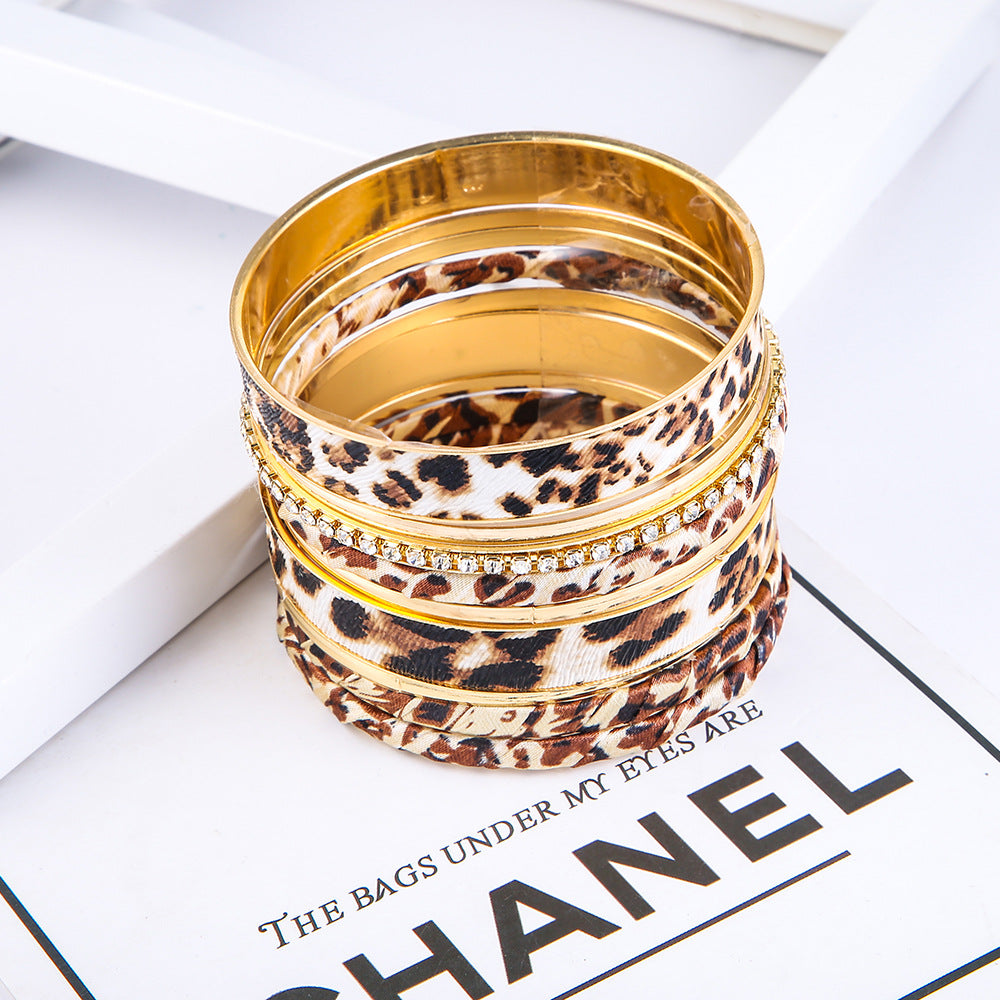 Leopard Print Rhinestone Multi-layer Stackable Bracelet Set