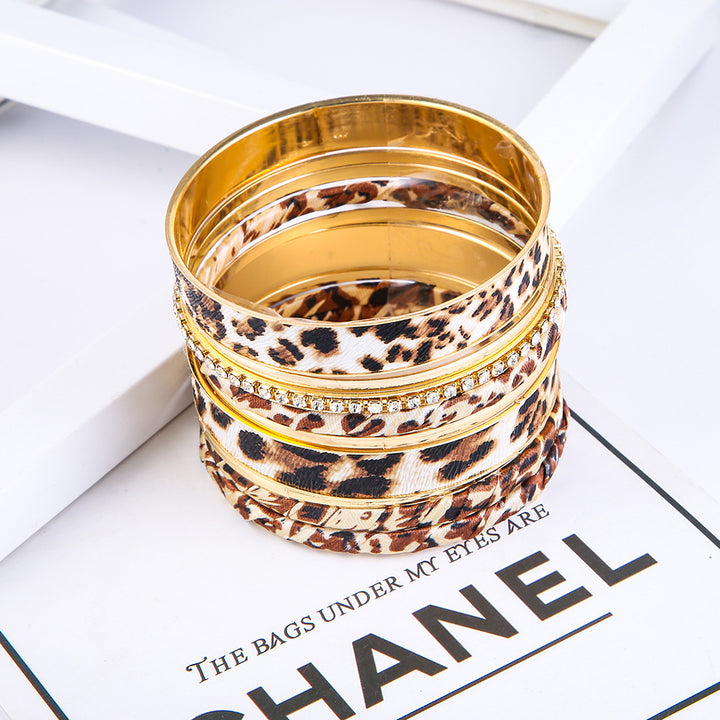 Leopard Print Rhinestone Multi-layer Stackable Bracelet Set