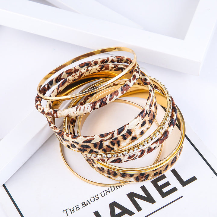 Leopard Print Rhinestone Multi-layer Stackable Bracelet Set