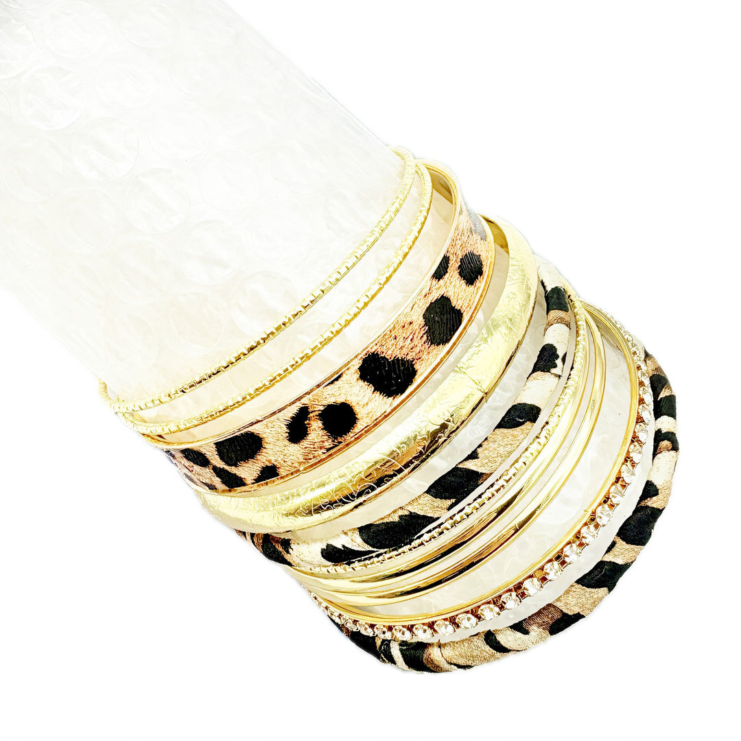 Leopard Print Rhinestone Multi-layer Stackable Bracelet Set